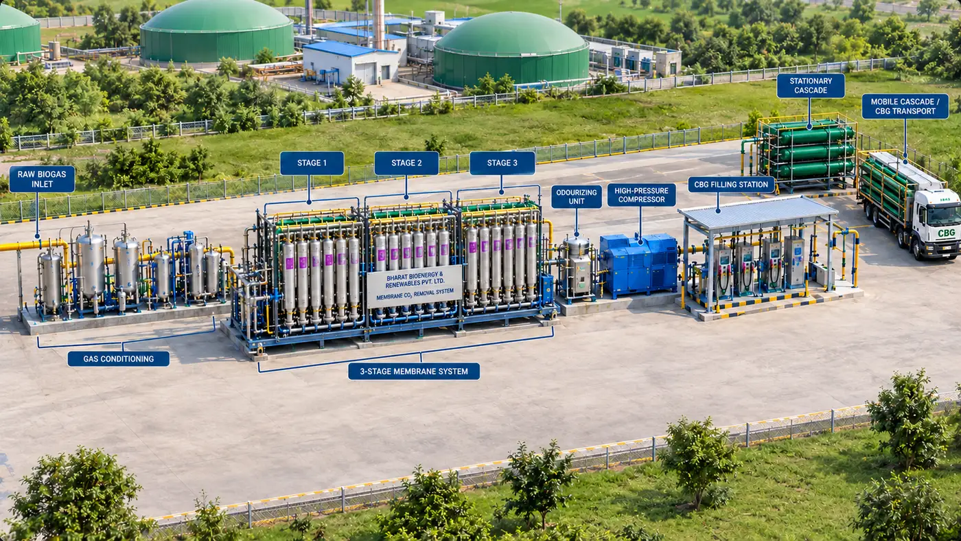 Bharat Bioenergy membrane CO2 removal system: raw biogas inlet, gas conditioning, 3-stage membrane system, odourizing unit, high-pressure compressor, CBG filling station and cascade transport